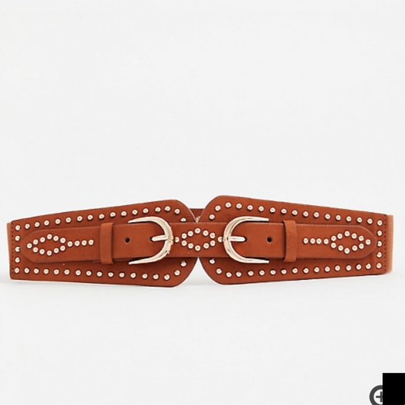 🆕COGNAC FAUX SUEDE STUD DUAL BUCKLE BELT - Picture 2 of 3